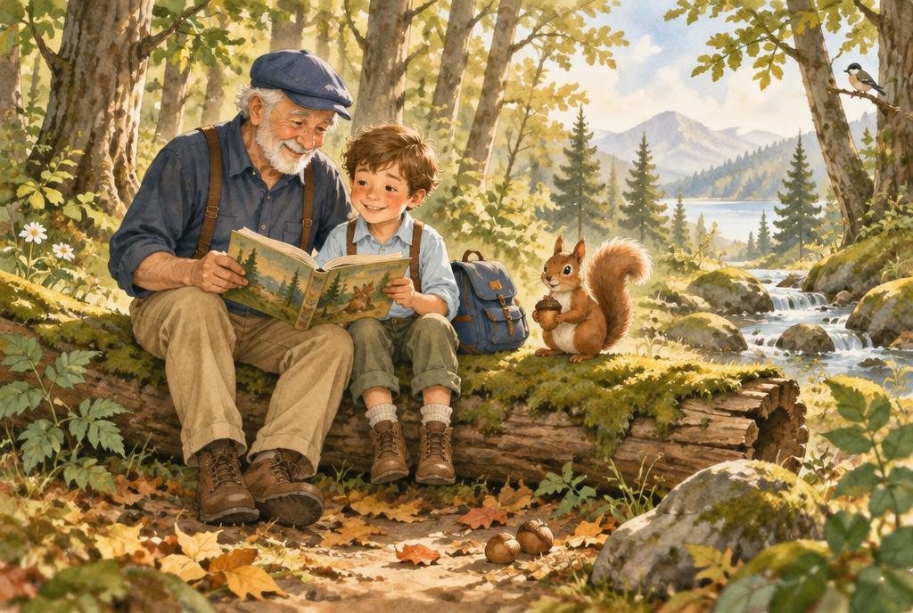 Poppy and Bump Pete reading together on a mossy log while a squirrel holds an acorn